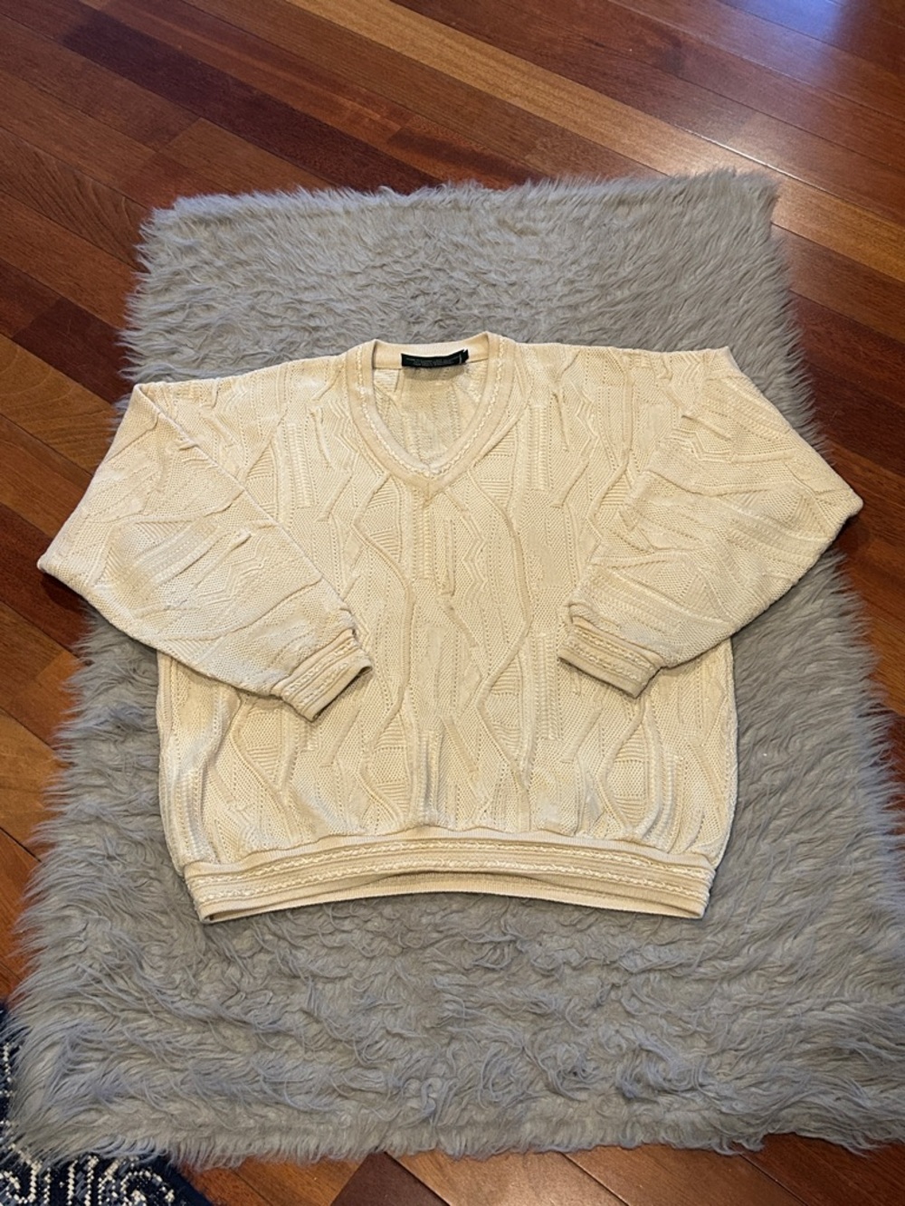 Tundra Canada Vintage 90s Men's Cream Cable Knit V-Neck Cotton Sweater